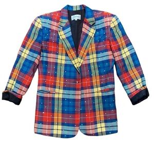 VTG Cedars Multi Color Plaid Bedazzled Oversized Blazer Jacket Size Small